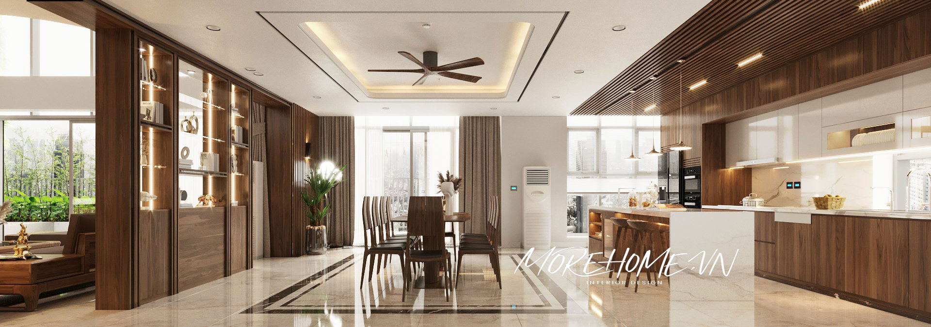 Thiết kế nội thất căn hộ Duplex Five Star hiện đại với gỗ óc chó